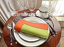 Multicolor Hemstitch Napkin. Macaw Green with Flame Orange